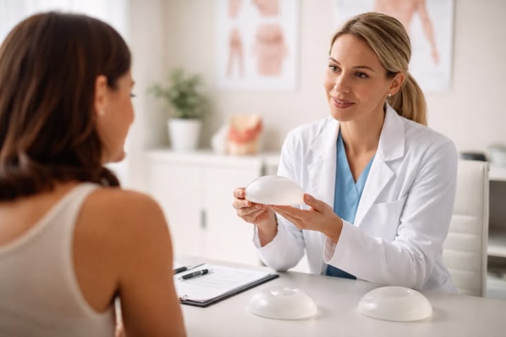 Female surgeon showing a prospective patient different size breast implants